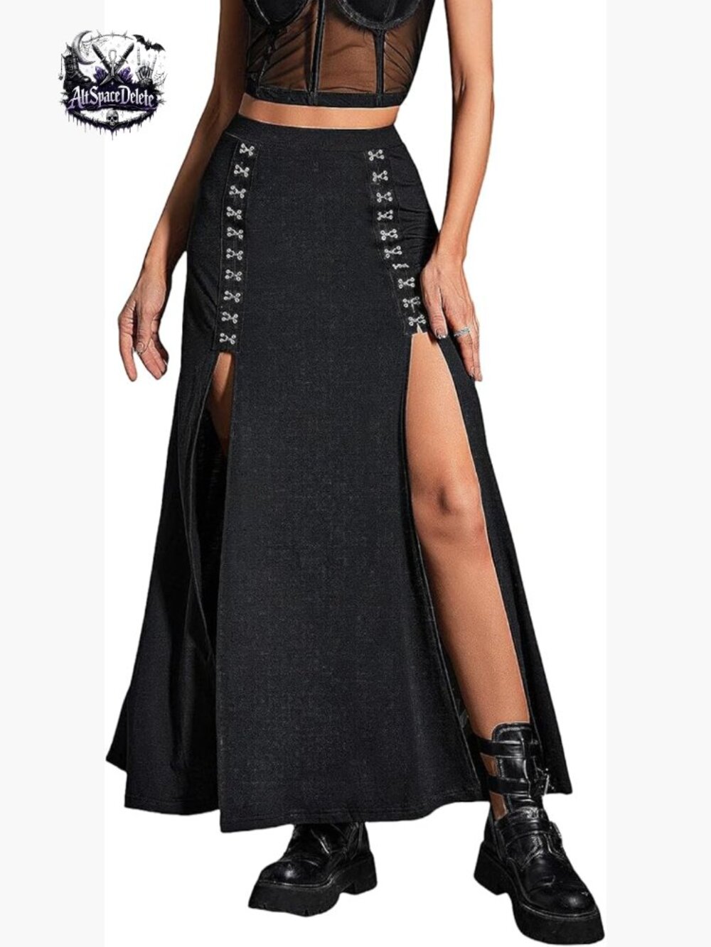 Stretchy High Waist Maxi Skirt with Double Slit for Gothic Punk Style